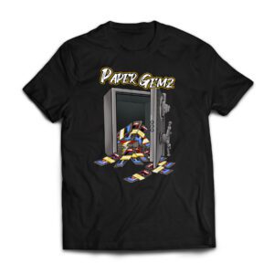 A T-shirt featuring a safe that contains trading cards