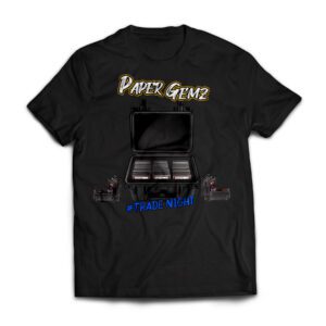A black T-shirt featuring a box of trading cards