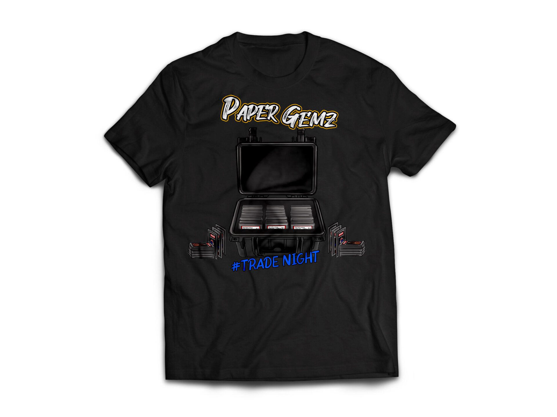 A black T-shirt featuring a box of trading cards