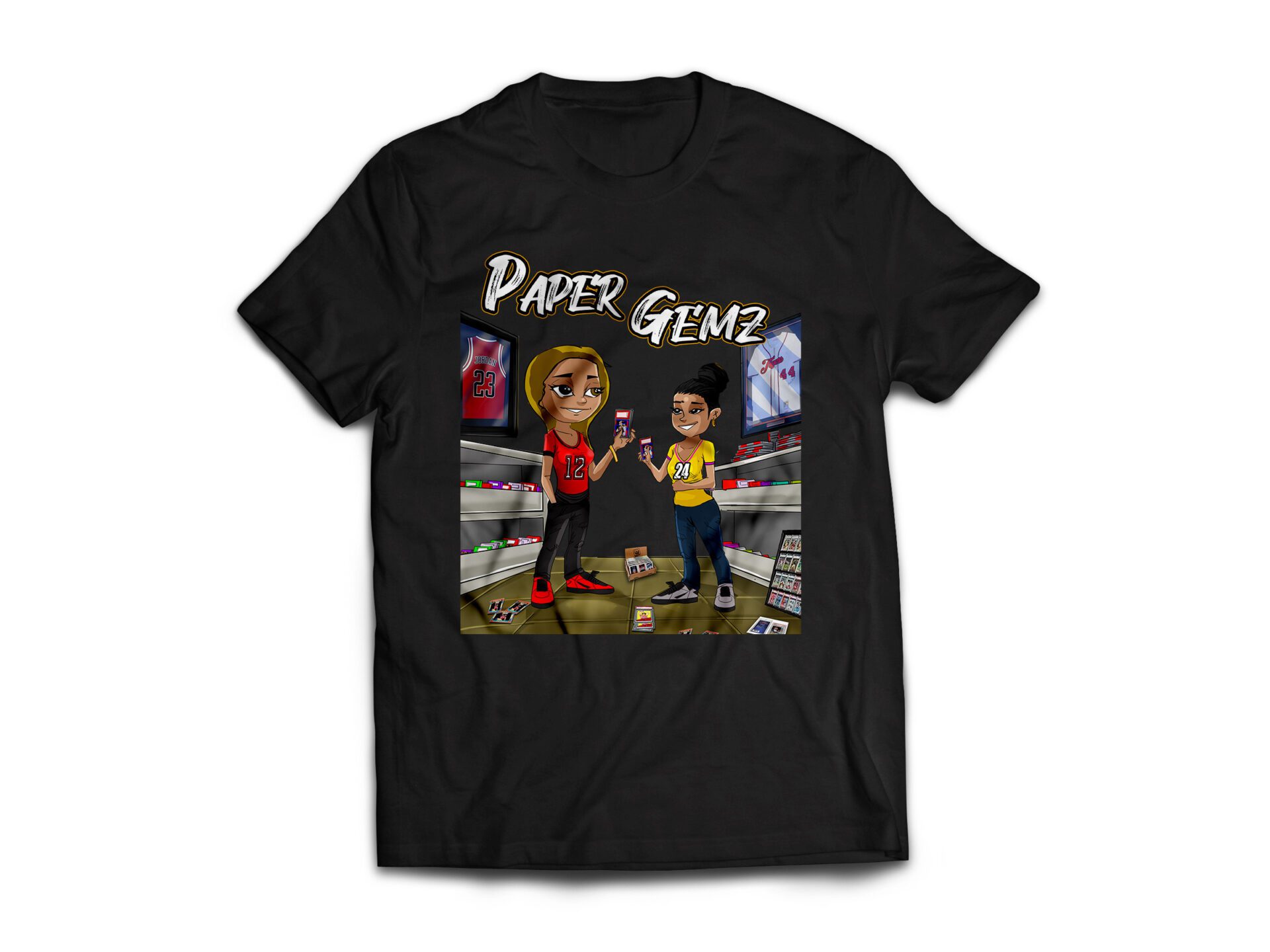 A shirt featuring two women in a collectibles store