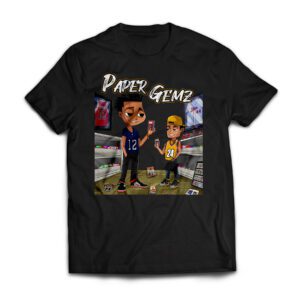 A T-shirt that features two men in a trading card store